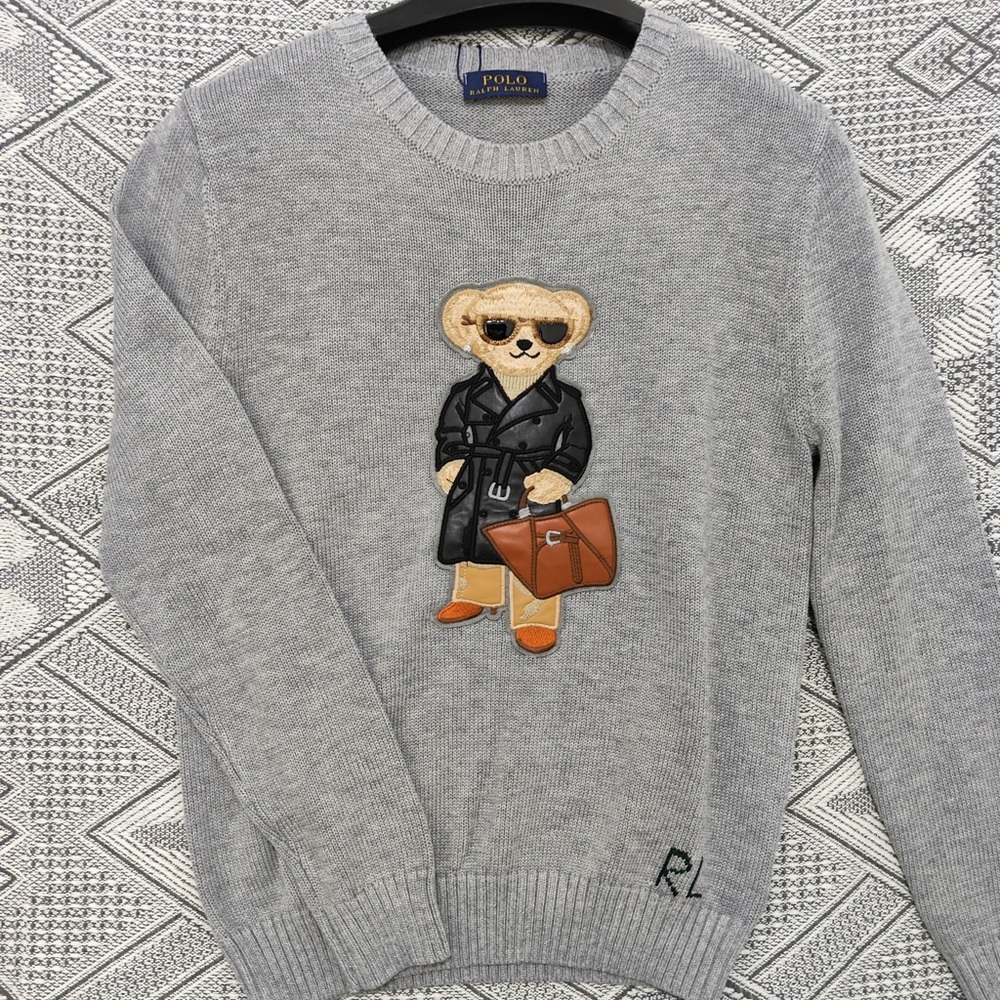 Ralph Lauren Light Gray Crewneck Sweater with Bear Patch - Picture 3 of 8